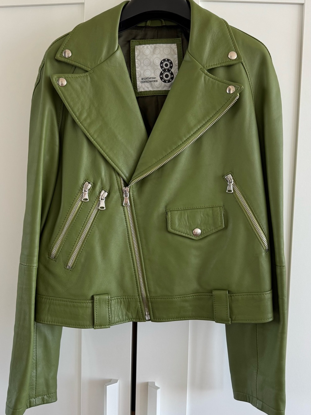 Olive Green Real Leather Moto Jacket with Silver Hardware, size M, Italy